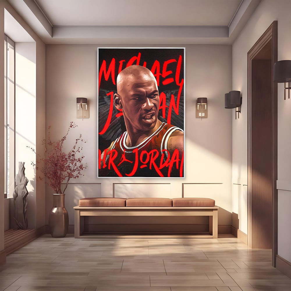 Tablou canvas cu portret grafic cu michael jordan, in rama de aluminiu argintiu